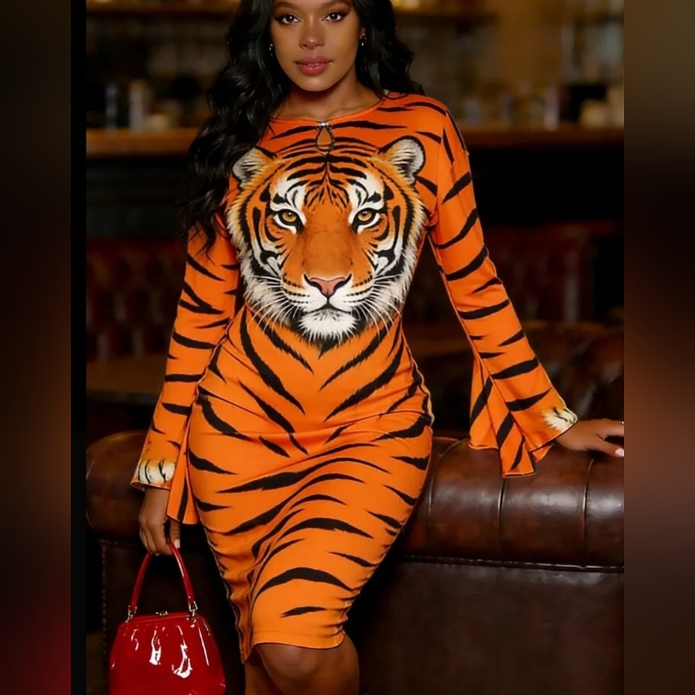 Orange Tiger-Print Bodycon Dress - Women